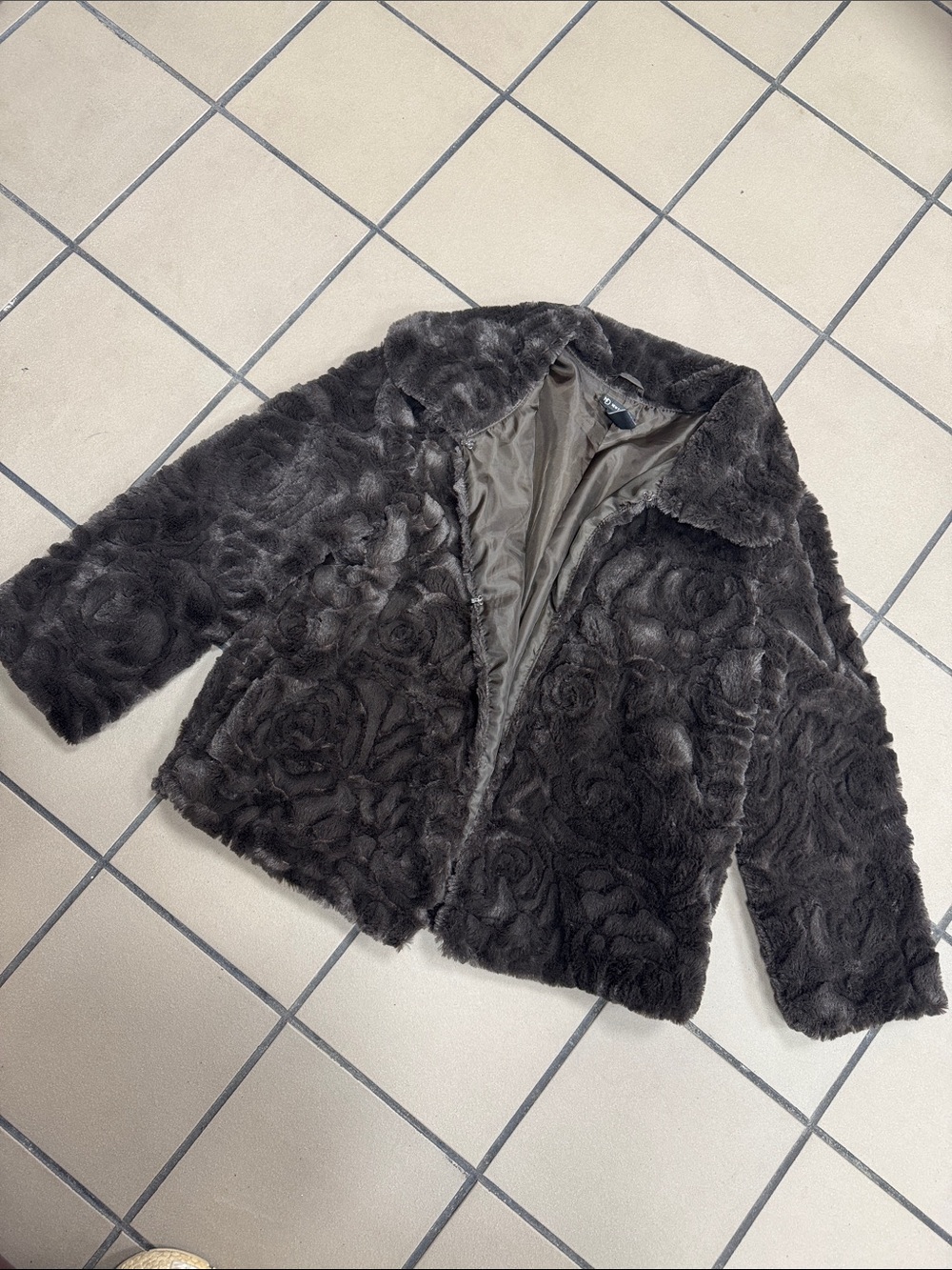 new directions Dark Brown Faux Fur Teddy Jacket with Rose-Textured Pattern
